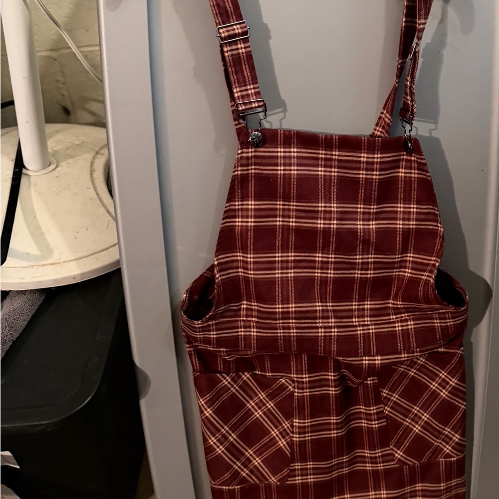 Allegra K Burgundy Plaid Overall Dress Romper